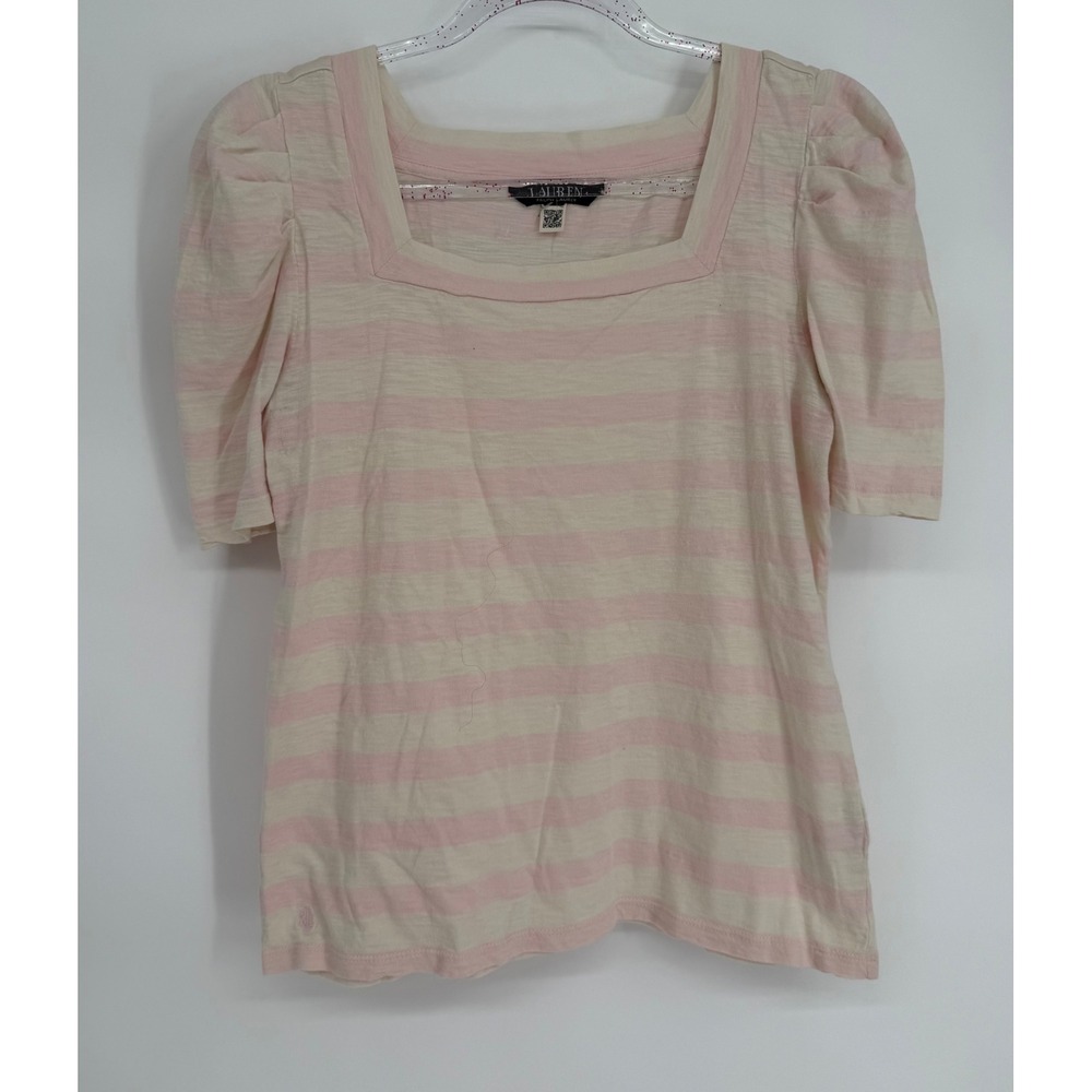 Lauren Ralph Lauren Pink Striped Square Neck‎ Puff Sleeve Cotton Top Womens Sz S